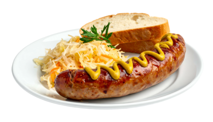 Plated meal grilled sausage with mustard, sauerkraut, and bread