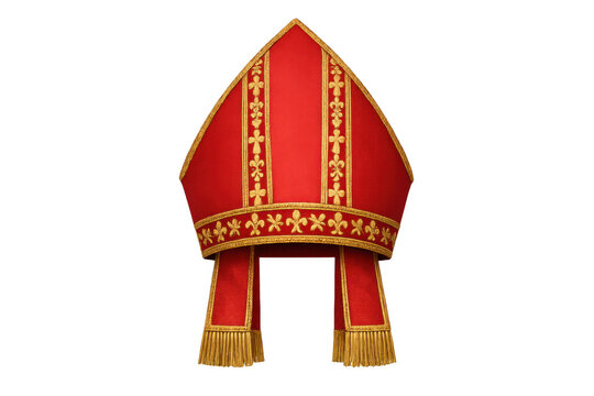 Red bishop's mitre with gold embroidery and fleur-de-lis pattern against transparent background, representing religious authority