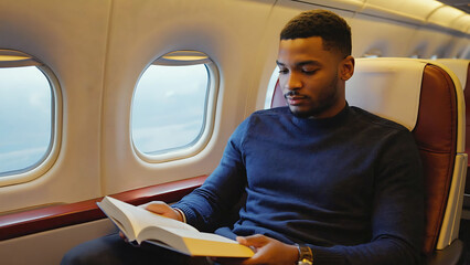 A male passenger reading a book during the flight for his business trip while sitting by the airplane window. Business travel concept

