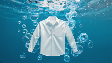 A white casual shirts washed with molecule in liquid bubble and water flowing around it. Laundry and household concept
