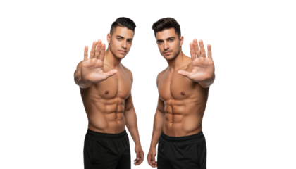 Two muscular Hispanic men with defined abs confidently hold up their hands in a stop and focus gesture, conveying strength and warning. on transparent background