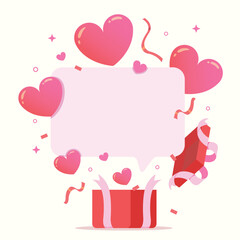 Vector illustration of Banner unbox gift box with hearts. Card of Giving love, surprise a couple of valentine's day concept.

