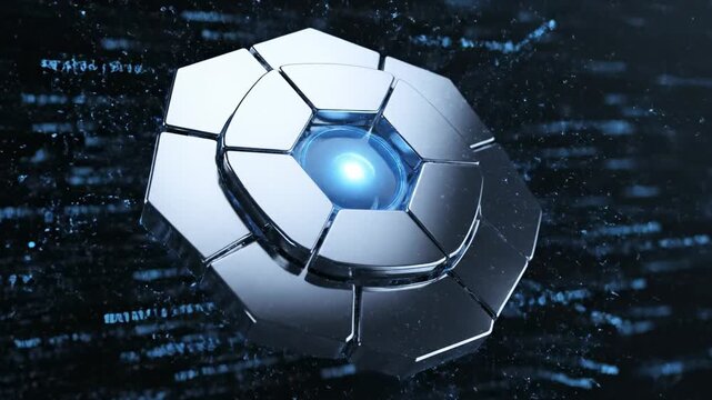 A glowing blue digital shield emblem surrounded by complex geometric patterns and particles on a dark blue binary code background