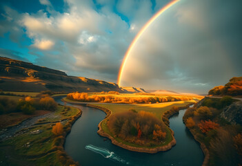 Rainbow over winding river valley at golden hour