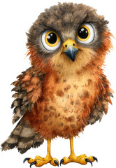 Fototapeta premium Adorable cartoon owl with big eyes and orange feathers isolated on transparent background