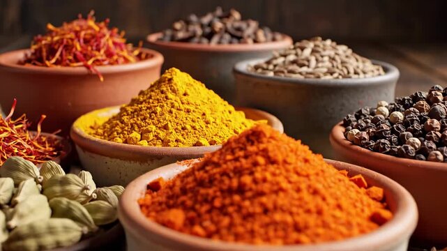 Assortment of spices displayed in ceramic bowls on a wooden surface
