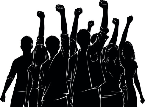 Black silhouette of a group of people with raised fists