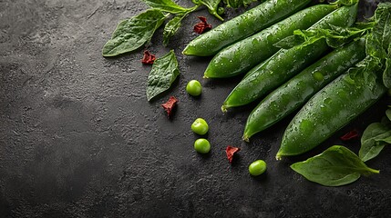 Fresh green peas and leaves on dark stone background with water droplets