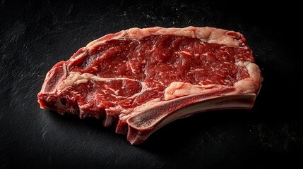Premium raw ribeye steak with marbling on dark surface