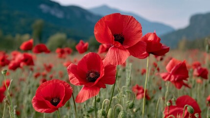 Naklejka premium Vibrant red poppies sway gently in a field, surrounded by green grass and distant mountains. This scene pays tribute to remembrance day, symbolizing sacrifice and honor in nature’s beauty