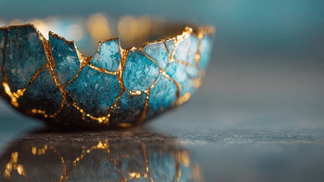 Kintsugi bowl: gold cracks on blue pottery