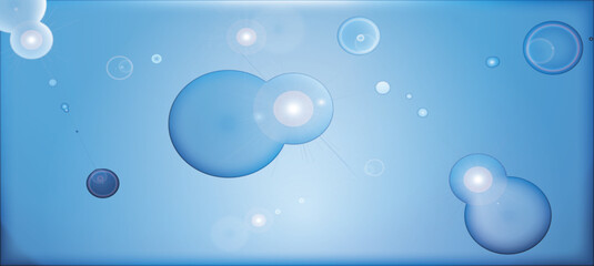 Transparent blue water drops and soap bubbles float against a clear liquid backdrop in this vector illustration featuring light spheres and air circles on a nature inspired blue wallpaper design