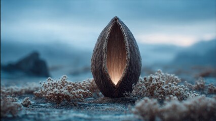 Mystical pod glowing in frosted landscape