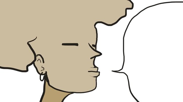 The face of a guy or the head of a character with a big head of hair says or tells something.