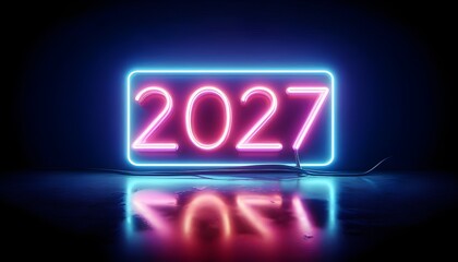 Pink and purple neon 2027 sign with blue frame on a dark reflective surface. AI Generated, Generative AI
