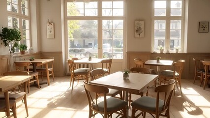春の柔らかな自然光がドイツ風の木材カフェに差し込み、落ち着いた色合いが広がる無人の空間。
テーブルや壁面の木の質感、ミュートカラー、穏やかな光の動きが印象的。