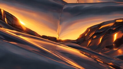 Abstract metallic surface reflecting vibrant sunset colors with distorted fluid shapes
