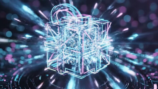 A glowing 3D cube with a padlock on top surrounded by vibrant, glowing dots on a dark background