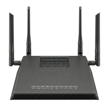 Modern black wireless router with four antennas on transparent background