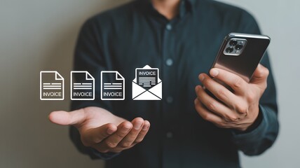 E-Invoice and online digital statements by email. Businessman shows Email Invoice Document icon on virtual screen.
