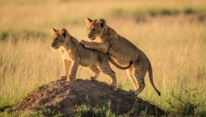 Obraz premium Two young lion cubs playing on a grassy mound in the African savanna