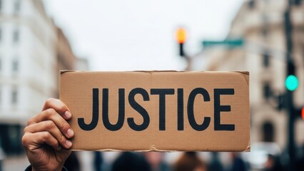 Hand holding a "JUSTICE" cardboard sign during an urban protest. Social justice and human rights advocacy concept