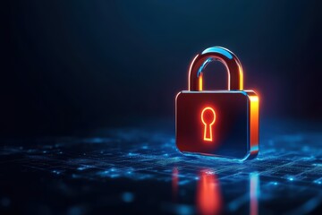 Neon glowing red lock on a dark blue circuit board background with cyber security concept