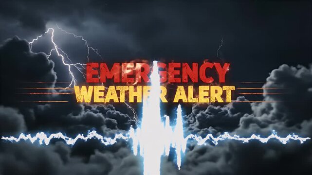 Severe weather alert with lightning and sound waveform in dark cloudy sky