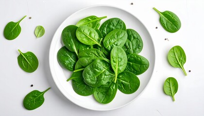 Obraz premium Fresh spinach leaves with peppercorns on a plate. Ideal for food blogs, cooking websites, or healthy eating social media pos