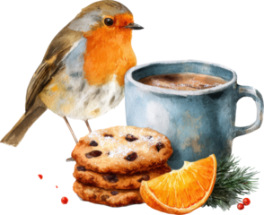 A robin standing near a cup of coffee with cookies and orange slice isolated on transparent background