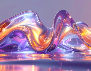 Vibrant iridescent waves of liquid metal in shimmering purple and orange hues
