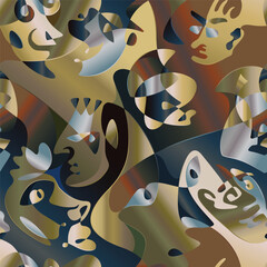 Continuous line drawing seamless pattern. Different character and psychology of the portrait person. Surrealism world of vivid imaginative dreams. Different emotions masks carnival. Vector