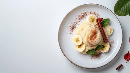 A plated dessert features sliced bananas with a dusting of cocoa and a cinnamon stick, garnished with mint leaves against a white surface with greenery details.