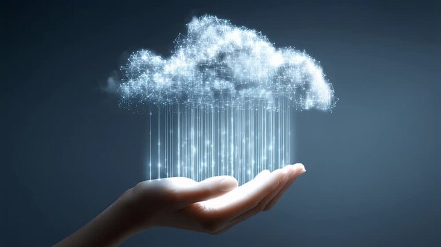 Hand holding digital cloud with data streams in futuristic concept