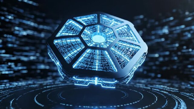 A 3D-rendered, glowing, blue, 12-sided polygon with a grid pattern on each face, surrounded by a dark background with scattered blue shapes and a circular pattern of small circles