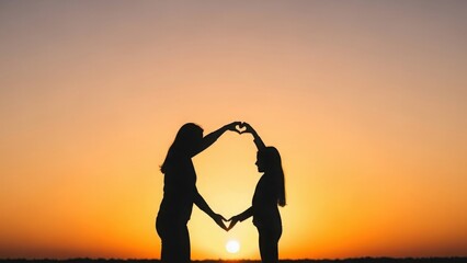 Silhouette of a mother and daughter making a heart shape with their hands at sunset. Family love and togetherness concept