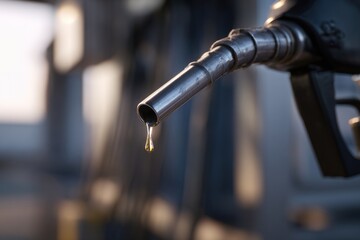 Close-up of a fuel nozzle dripping a single drop, with a soft blurred gas-station backdrop, lit warmly at sun!