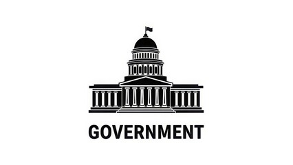 A black and white illustration of a government building with a dome and columns