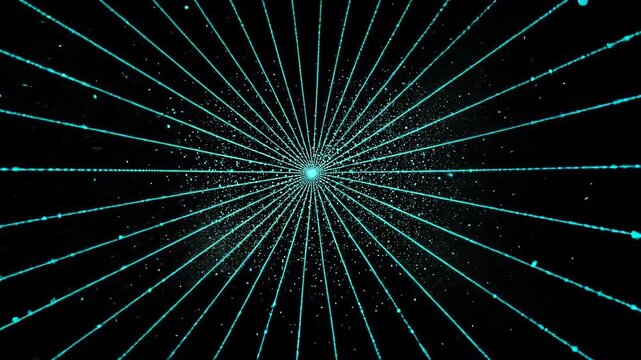 Abstract glowing blue lines radiating from central point on black background, interspersed with shimmering specks