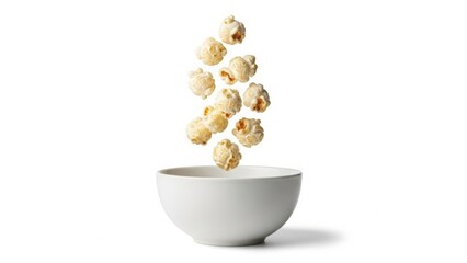 Popcorn falling into a white bowl isolated on a white background. Fresh popped corn kernels in motion. Classic movie night snack concept