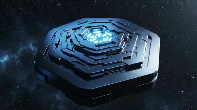 A futuristic metallic object with a glowing blue light, floating amidst a starry galaxy background