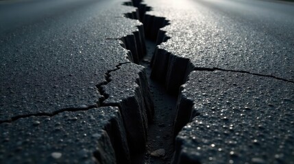 A Deep Crack in Dark Asphalt, Showing Textured Surface with Water Droplets, Reflecting Light