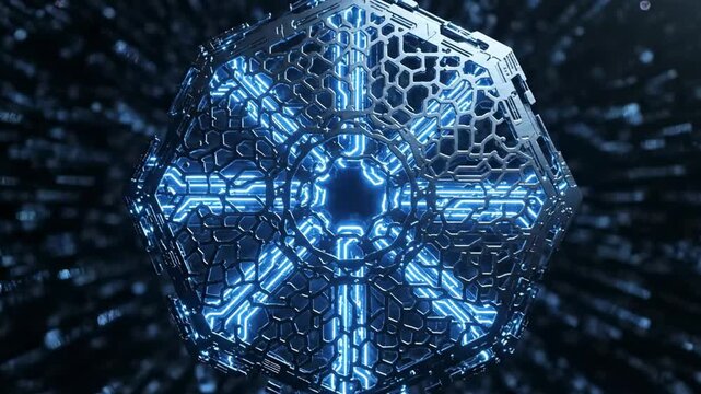 A 3D dodecahedron with a glowing blue mesh structure surrounded by binary code