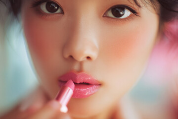 Woman applying pink lipstick for beauty and self-care