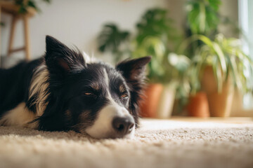 Border collie dog resting on carpet at home