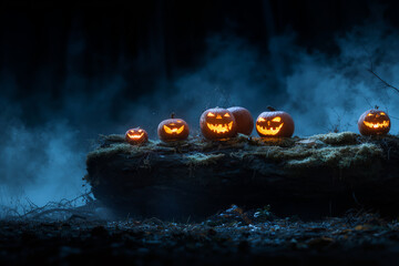 Glowing jack-o-lanterns spooky halloween night fog forest