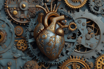 Steampunk heart with golden gears and clockwork mechanisms
