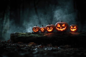 Carved pumpkins lighting up a misty forest at night for halloween celebration