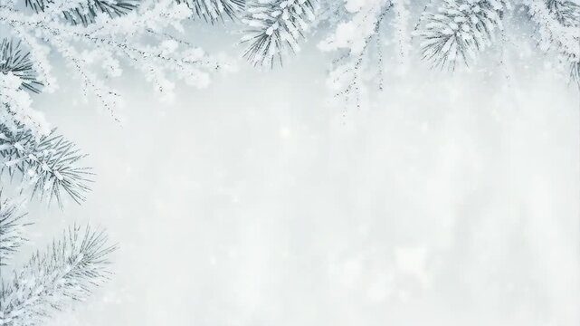 Snow-covered fir branches on white background. Winter Christmas holiday border with frost and copy space for text