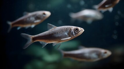 Fototapeta premium A school of small silvery fish swimming in dark deep water seen in a close up underwater view